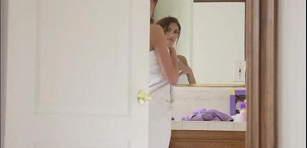  Beautiful step sister is caught with towel after shower, do you know her name